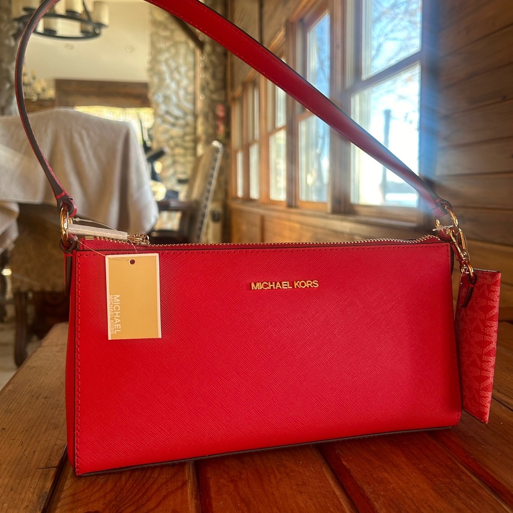 NWT Michael Kors Bright Red Shoulder Bag Vincent MD with Card Holder